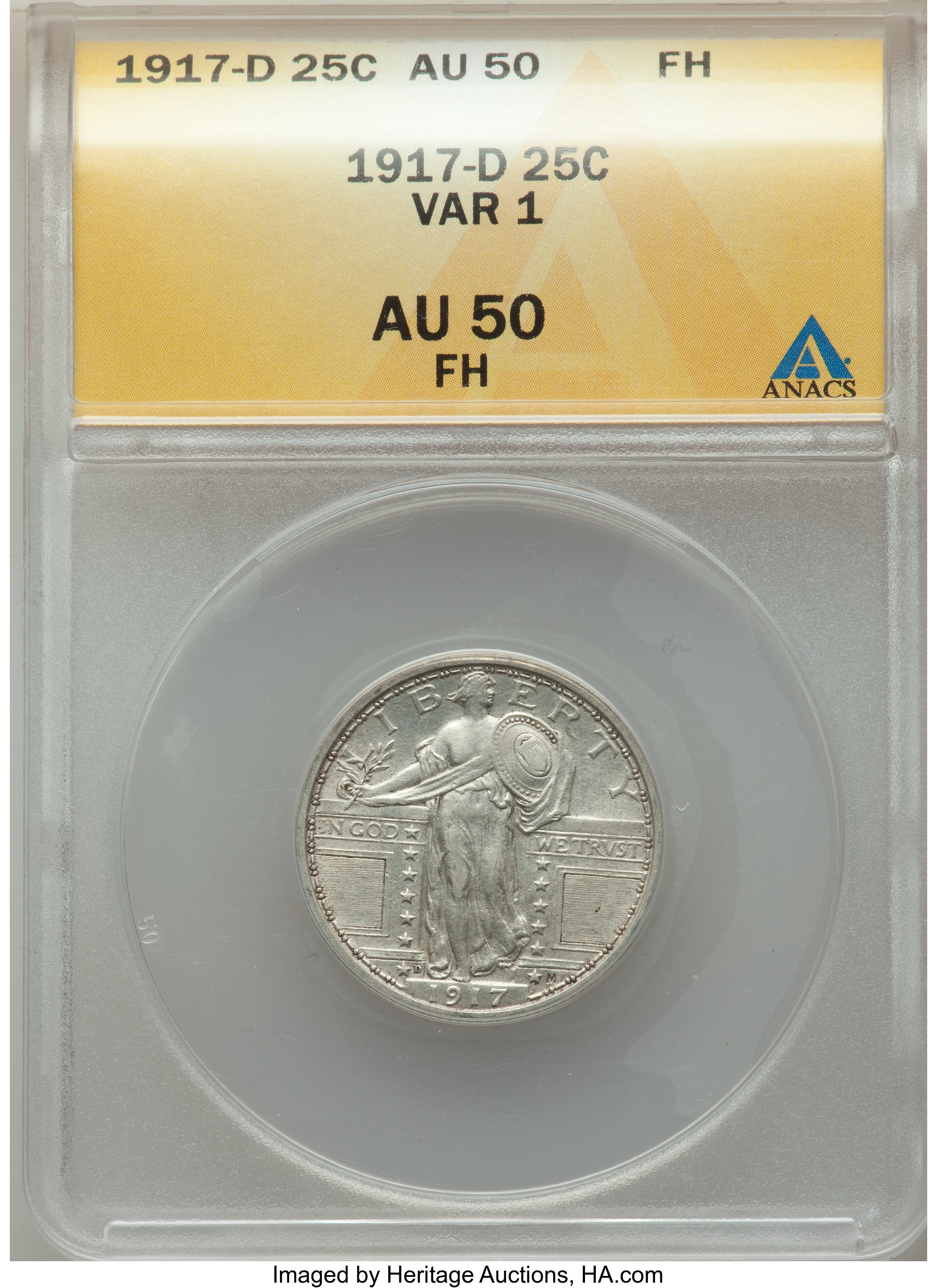1917-D 25C Type One AU50 Full Head ANACS. NGC Census: (1/1216). PCGS Population: (5/1992). Mintage 1,509,200. ...
