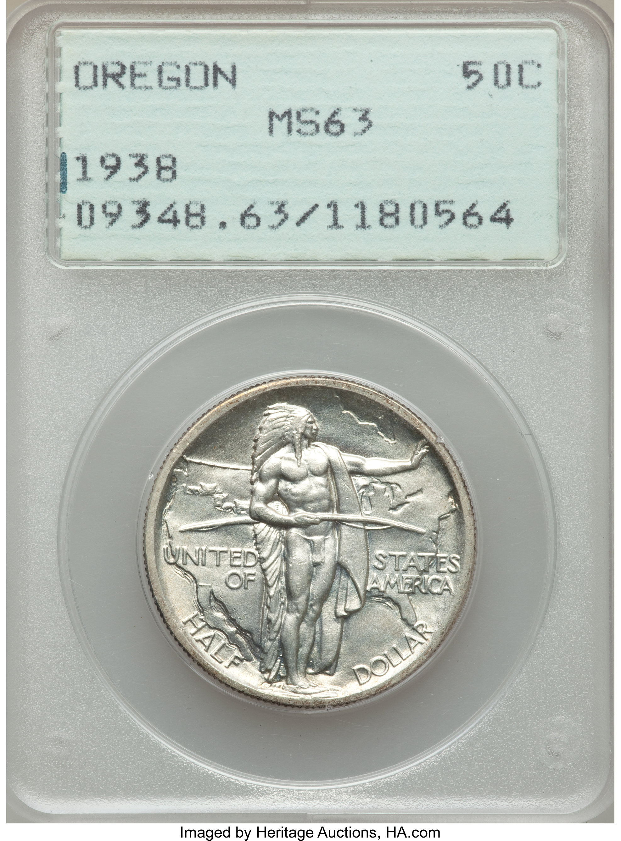 1938 50C Oregon MS63 PCGS. PCGS Population: (149/1982). NGC Census: (30/1212). CDN: $165 Whsle. Bid for problem-free NGC/PC...