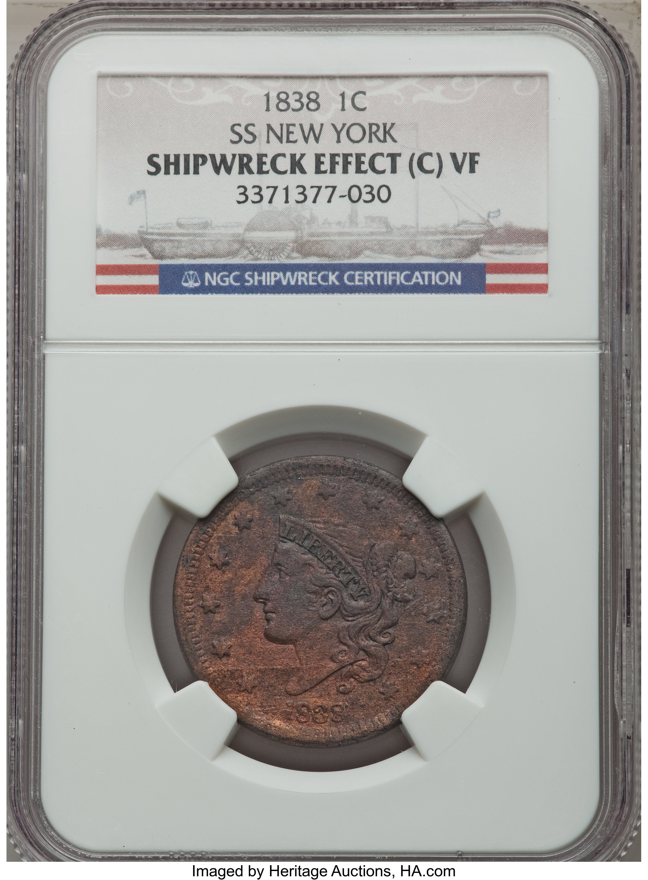 1838 1C SS New York -- Shipwreck Effect -- VF20 NGC. NGC Census: (13/655). PCGS Population: (28/1002). VF20. Mintage 6,370,...