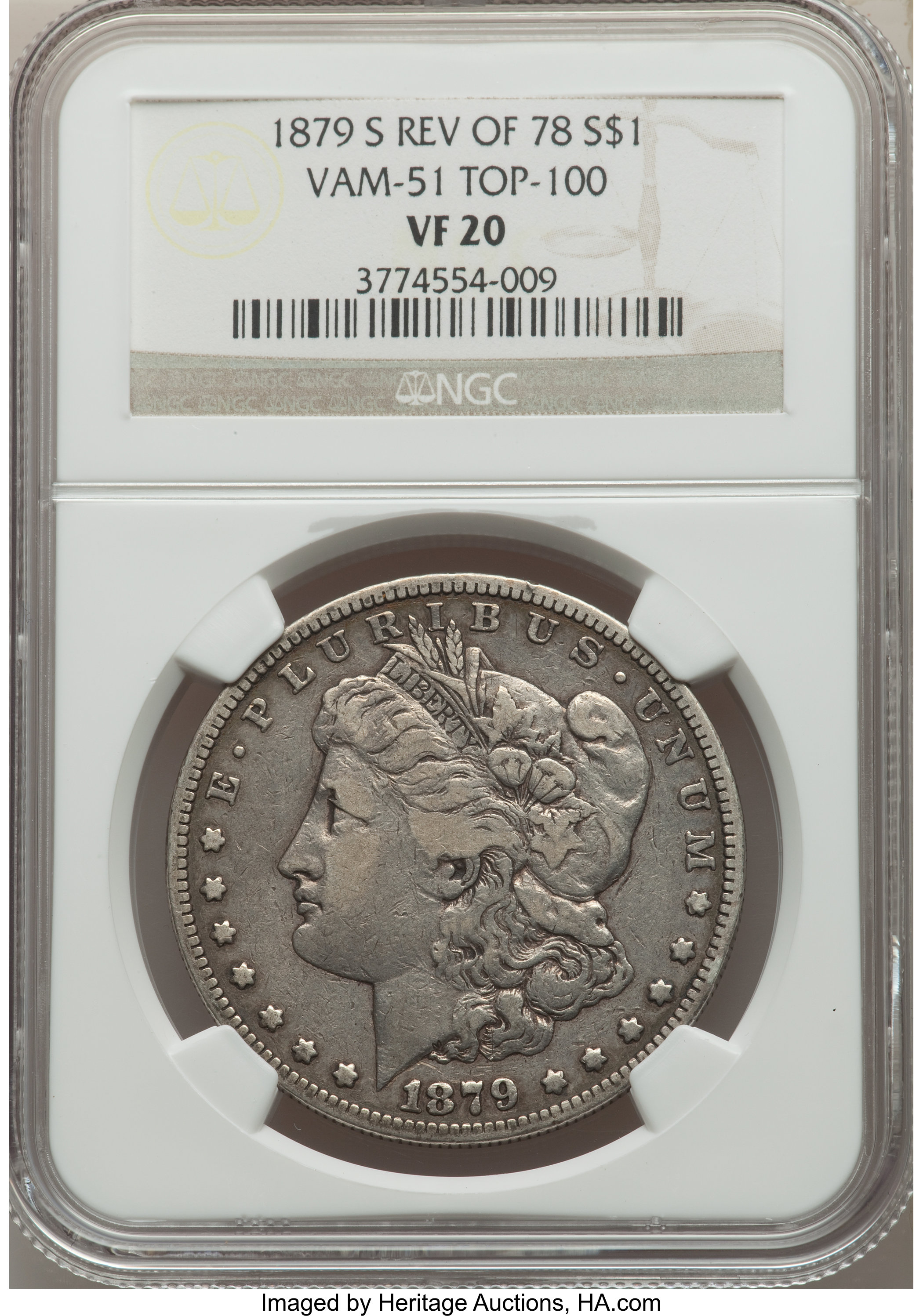 image for: 1879-S $1 Reverse of 1878, VAM-51, VF20 NGC. A Top 100 Variety. NGC Census: (1/2). PCGS Population: (0/15). VF20....