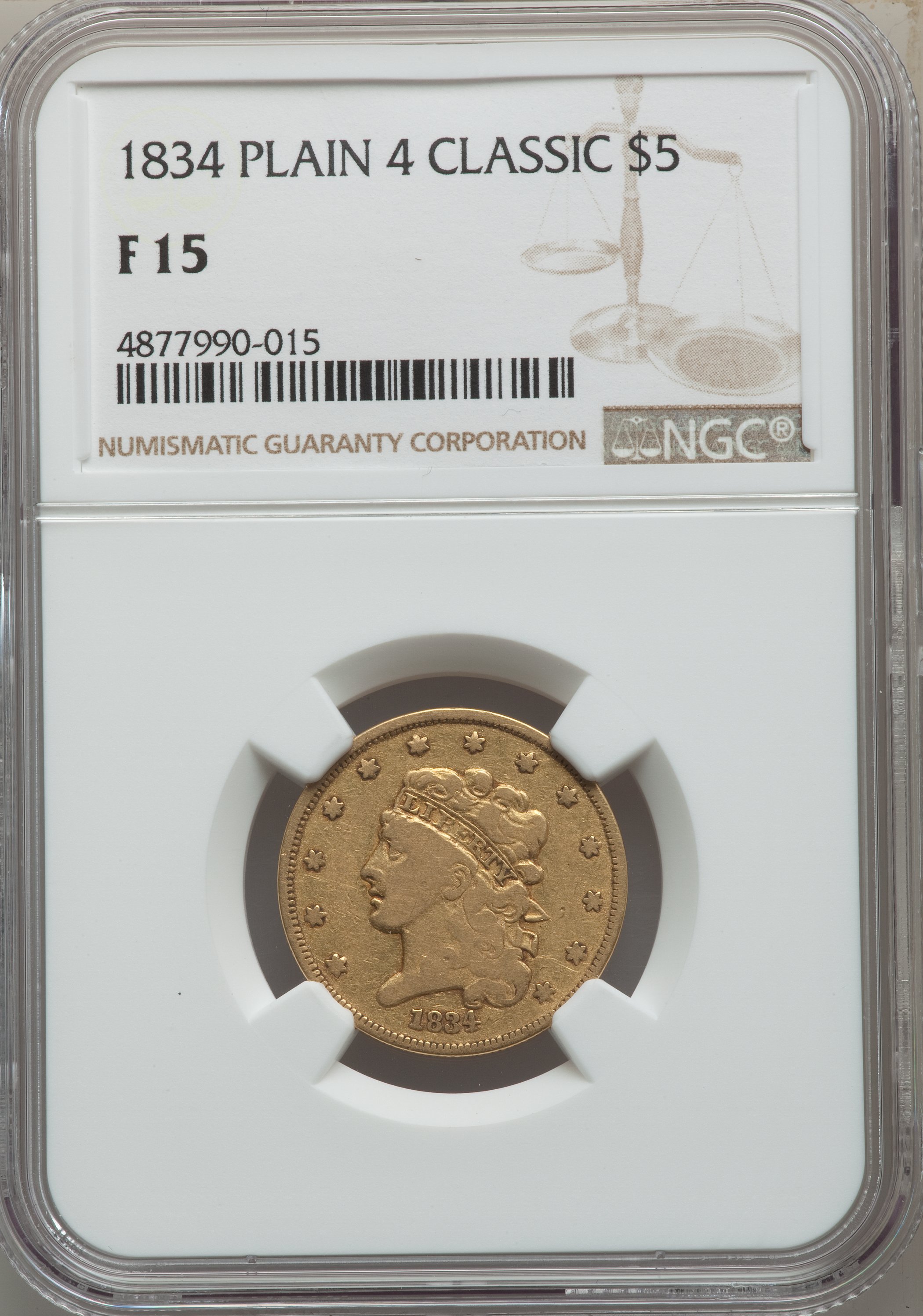 1834 $5 Plain 4 Fine 15 NGC. NGC Census: (9/2182). PCGS Population: (7/1559). Fine 15. Mintage 657,460....