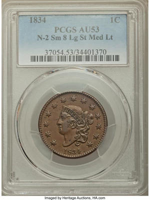 image for: 1834 1C Small 8, Large Stars, Medium Letters, N-2, R.1, AU53 PCGS. PCGS Population: (3/11). NGC Census: (3/29). AU53. ...