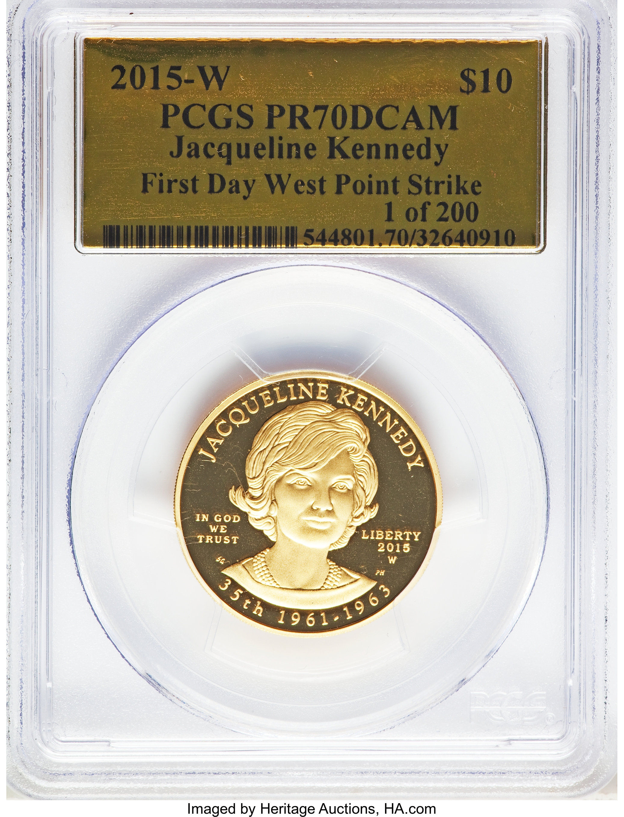 image for: 2015-W $10 Jacqueline Kennedy, First Day West Point Strike, 1 of 200 PR70 Deep Cameo PCGS. PCGS Population: (199). NGC Cens...