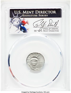 image for: 2007-W $10 Tenth-Ounce Platinum Eagle, Burnished, Diehl Signature, SP70 PCGS. PCGS Population: (444). NGC Census: (452). CD...