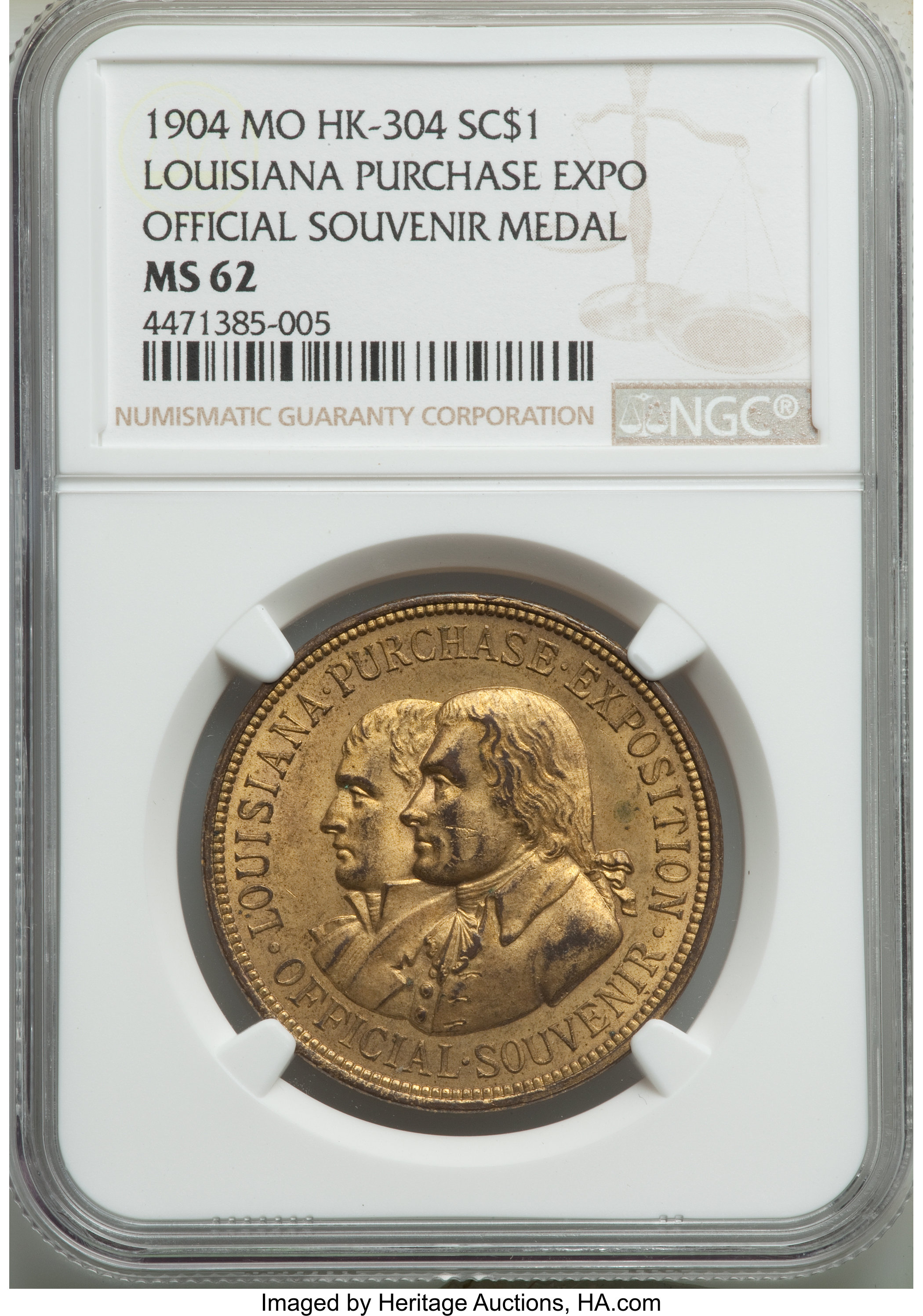 image for: 1904 SC$1 Louisiana Purchase Exposition, Official Souvenir Medal, Gilt, HK-304, R.3, MS62 NGC. NGC Census: (6/198). PC...