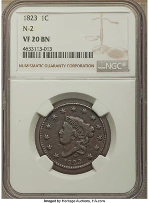 image for: 1823 1C N-2, R.2, VF20 NGC. NGC Census: (2/20). PCGS Population: (0/10). VF20. Mintage 1,262,000. ...