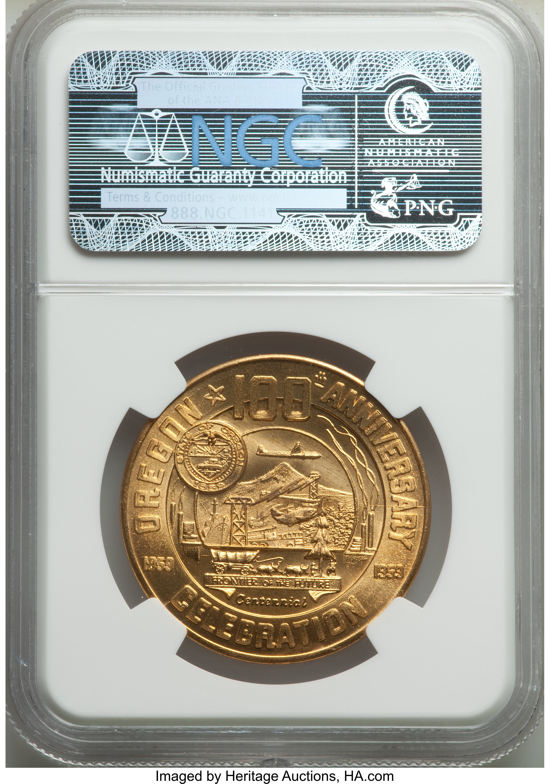 image for: 1959 Oregon Statehood Centennial, Eugene Oregon So-Called Dollar, Gilt Bronze, MS67 NGC....