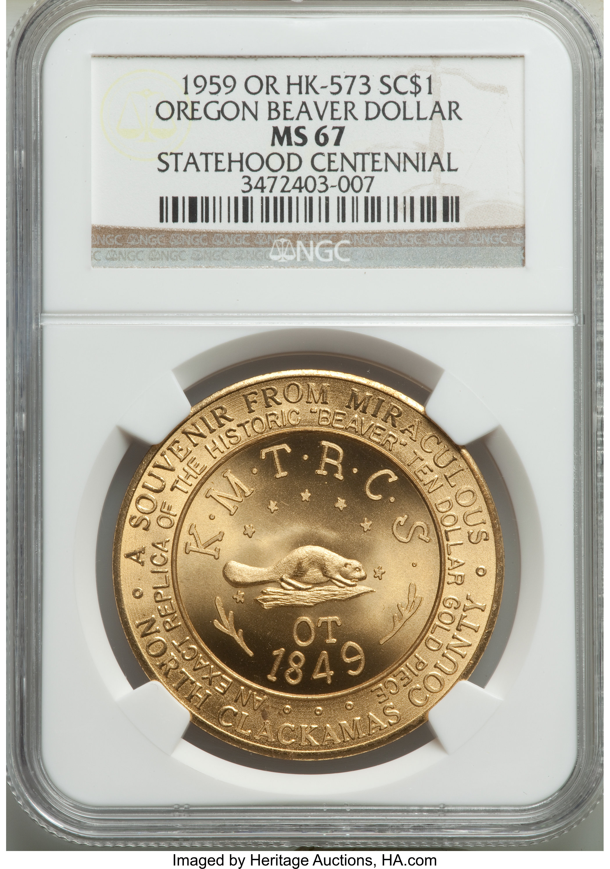 image for: 1959 Oregon Statehood Centennial, Beaver So-Called Dollar, Gilt Bronze, HK-573, MS67 NGC....