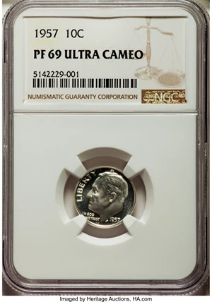 image for: 1957 10C PR69 Ultra Cameo NGC. NGC Census: (27/0). PCGS Population: (6/0). ...