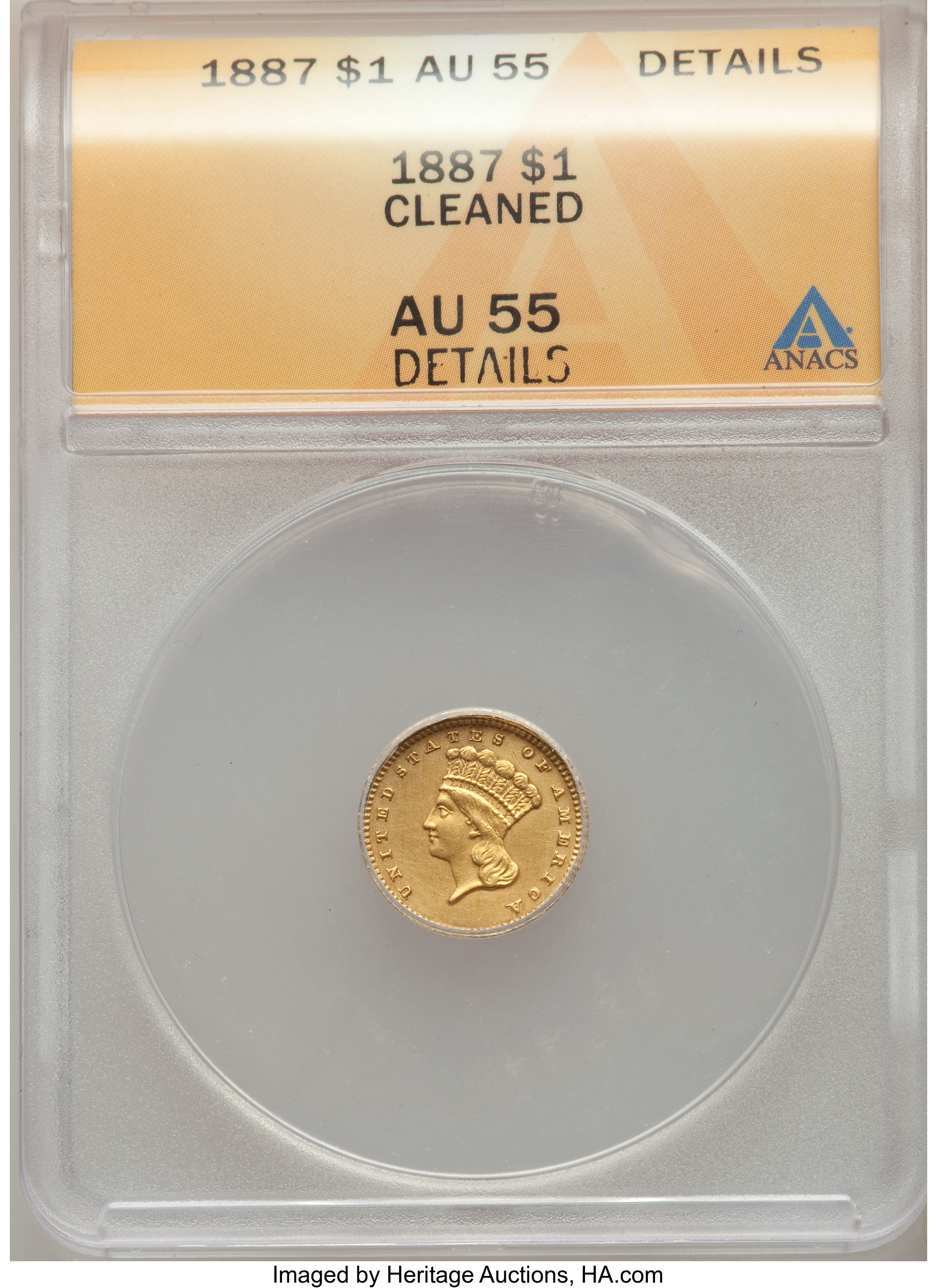1887 G$1 -- Cleaned -- ANACS. AU55 Details. CDN: $340 Whsle. Bid for problem-free NGC/PCGS AU55. Mintage 7,500. ...