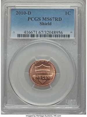 image for: 2010-D 1C MS67 Red PCGS. PCGS Population: (12/0 and 1/0+). NGC Census: (0/0 and 0/0+). CDN: $210 Whsle. Bid for problem-fre...