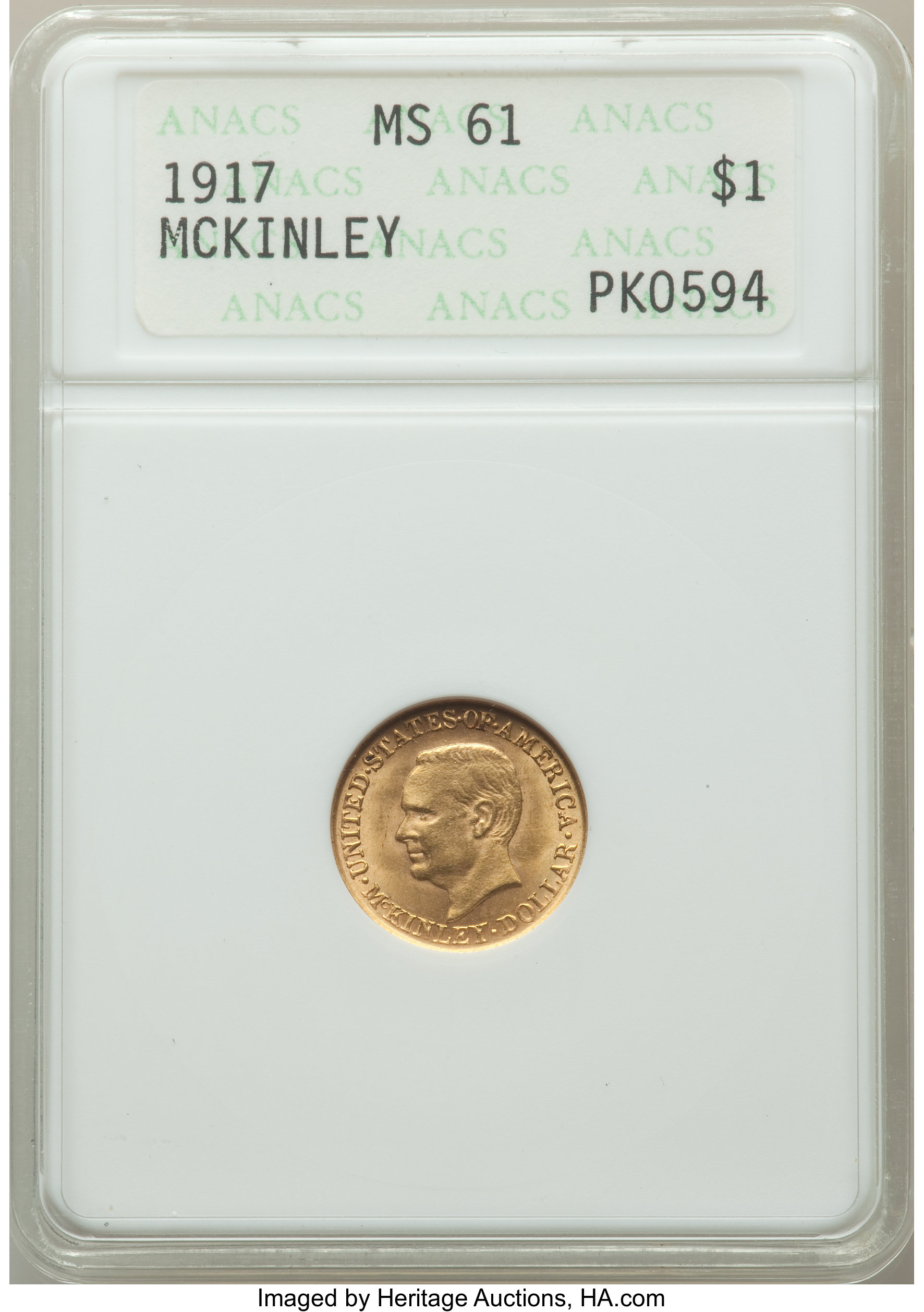 1917 G$1 McKinley Gold Dollar MS61 ANACS. CDN: $405 Whsle. Bid for problem-free NGC/PCGS MS61. Mintage 10,000....