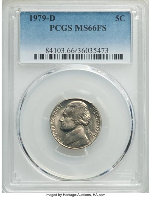 image for: 1979-D 5C MS66 Full Steps PCGS. PCGS Population: (63/1). NGC Census: (76/1). CDN: $120 Whsle. Bid for problem-free NGC/PCGS...