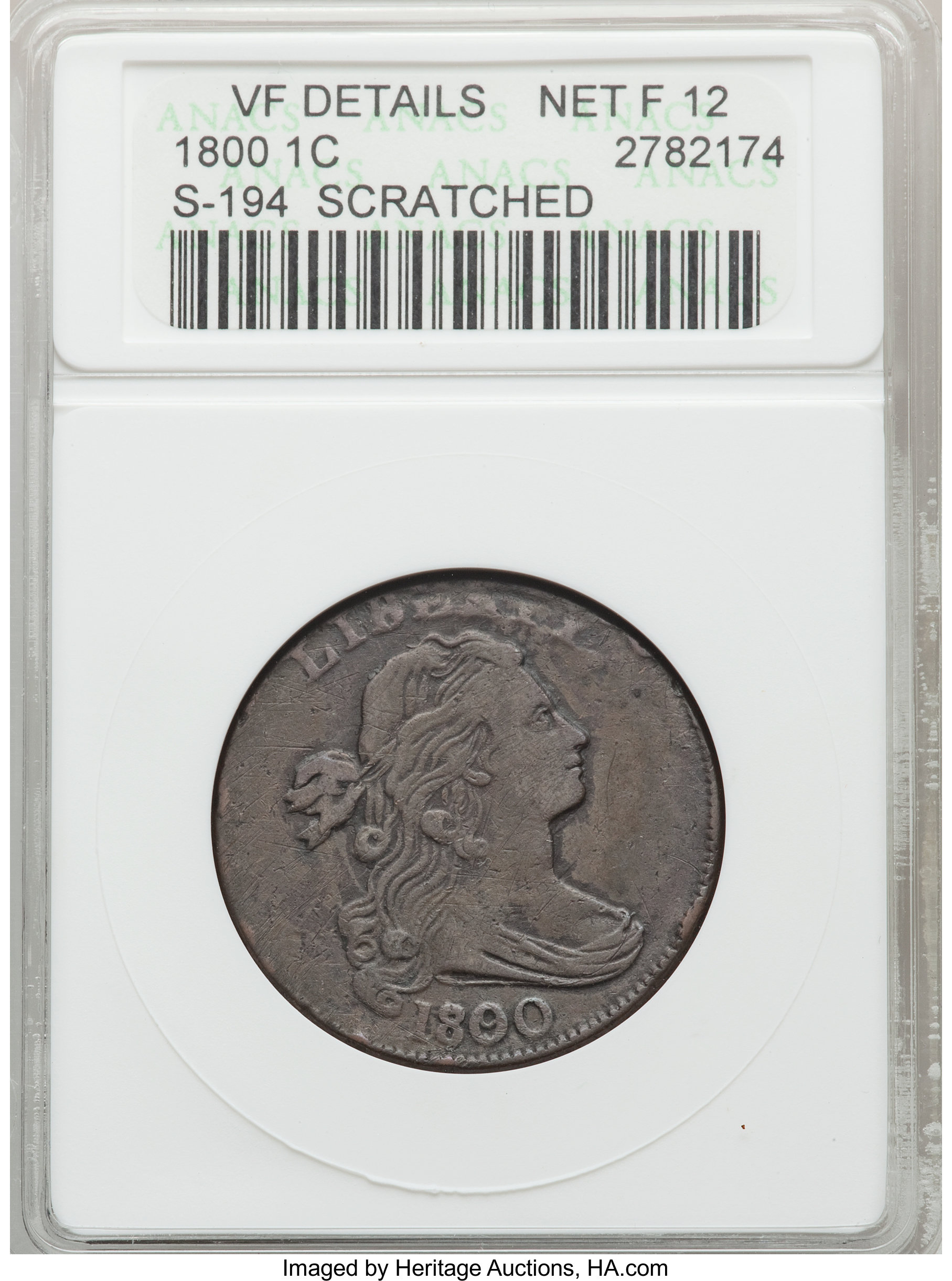 image for: 1800/79 1C Style Two Hair, S-194, B-8, R.3, -- Scratched -- ANACS. VF Details, Net Fine 12. CDN: $300 Whsle. Bid for proble...