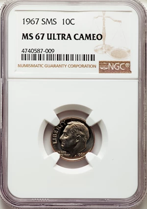image for: 1967 10C SMS MS67 Ultra Cameo NGC. NGC Census: (19/13). PCGS Population: (21/4). ...