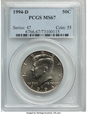 image for: 1994-D 50C MS67 PCGS. PCGS Population: (62/1). NGC Census: (37/3). CDN: $200 Whsle. Bid for problem-free NGC/PCGS MS67. ...