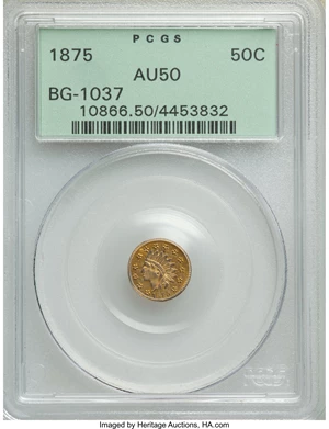 image for: 1875 50C Indian Round 50 Cents, BG-1037, R.4, AU50 PCGS. PCGS Population: (3/69). NGC Census: (0/11). ...