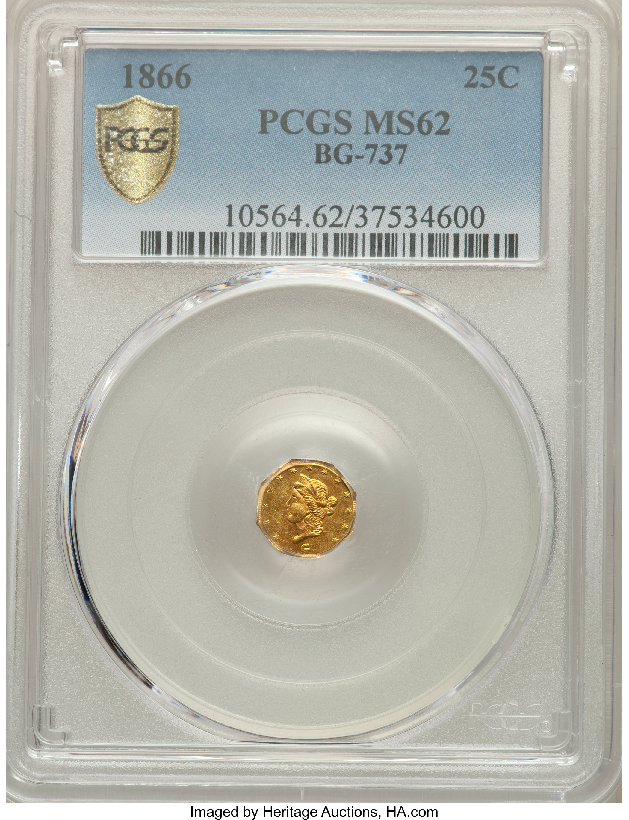 image for: 1866 25C Liberty Octagonal 25 Cents, BG-737, R.5, MS62 PCGS. PCGS Population: (6/13 and 0/0+). NGC Census: (0/2 and 0/1+)....