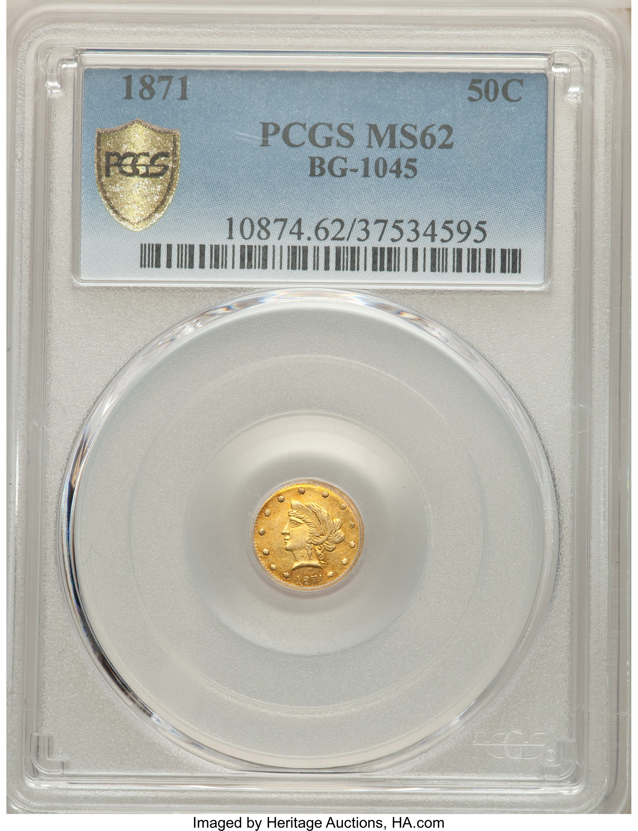 image for: 1871 50C Liberty Round 50 Cents, BG-1045, R.5, MS62 PCGS Secure. PCGS Population: (12/17 and 0/0+). NGC Census: (2/3 and 0/...
