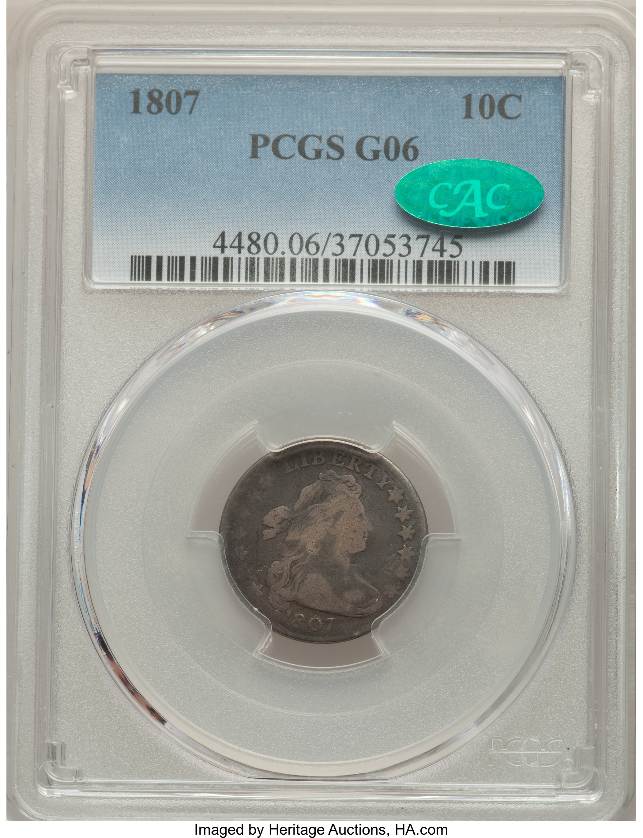 1807 10C Good 6 PCGS. CAC. PCGS Population: (13/374). NGC Census: (0/0). Good 6 . Mintage 165,000. ...