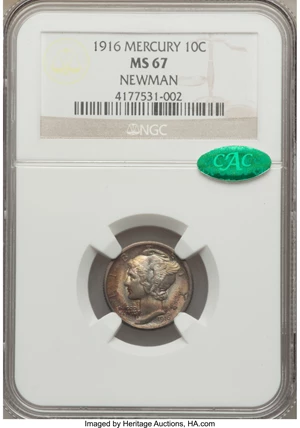 image for: 1916 10C MS67 NGC. CAC. Ex: Newman. NGC Census: (8/1). PCGS Population: (5/0). CDN: $675 Whsle. Bid for problem-free NGC/PC...
