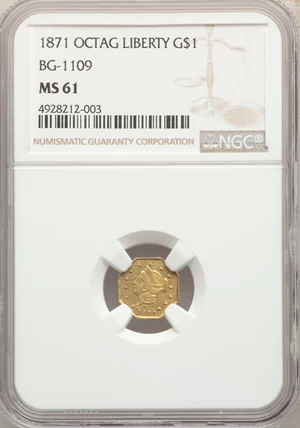 image for: 1871 $1 Liberty Octagonal Dollar, BG-1109, Low R.4, MS61 NGC. NGC Census: (2/0). PCGS Population: (9/49). ...