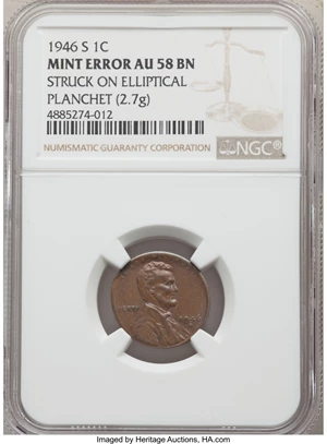 image for: 1946-S 1C Lincoln Cent -- Struck on Elliptical Planchet -- AU58 NGC. 2.7 Grams....