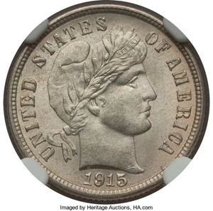 image for: 1915 10C MS66 NGC. NGC Census: (13/1). PCGS Population: (24/5). MS66. Mintage 5,620,450. ...
