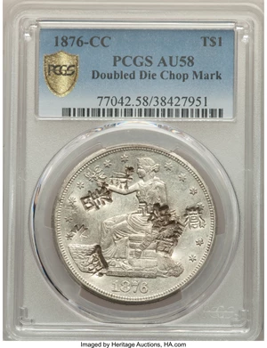 image for: 1876-CC T$1 Doubled Die Reverse, FS-801, Chop Mark, AU58 PCGS. PCGS Population: (1/1 and 0/0+). NGC Census: (0/0 and 0/0+)....