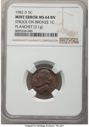 image for: 1982-D 5C Jefferson Nickel -- Struck on Bronze 1C Planchet (3.1g) -- MS64 Brown NGC. NGC Census: (11/132). PCGS Population:...