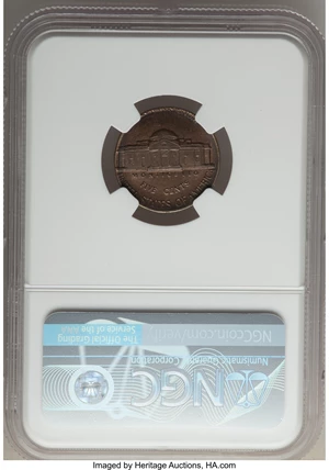 image for: 1982-D 5C Jefferson Nickel -- Struck on Bronze 1C Planchet (3.1g) -- MS64 Brown NGC. NGC Census: (11/132). PCGS Population:...