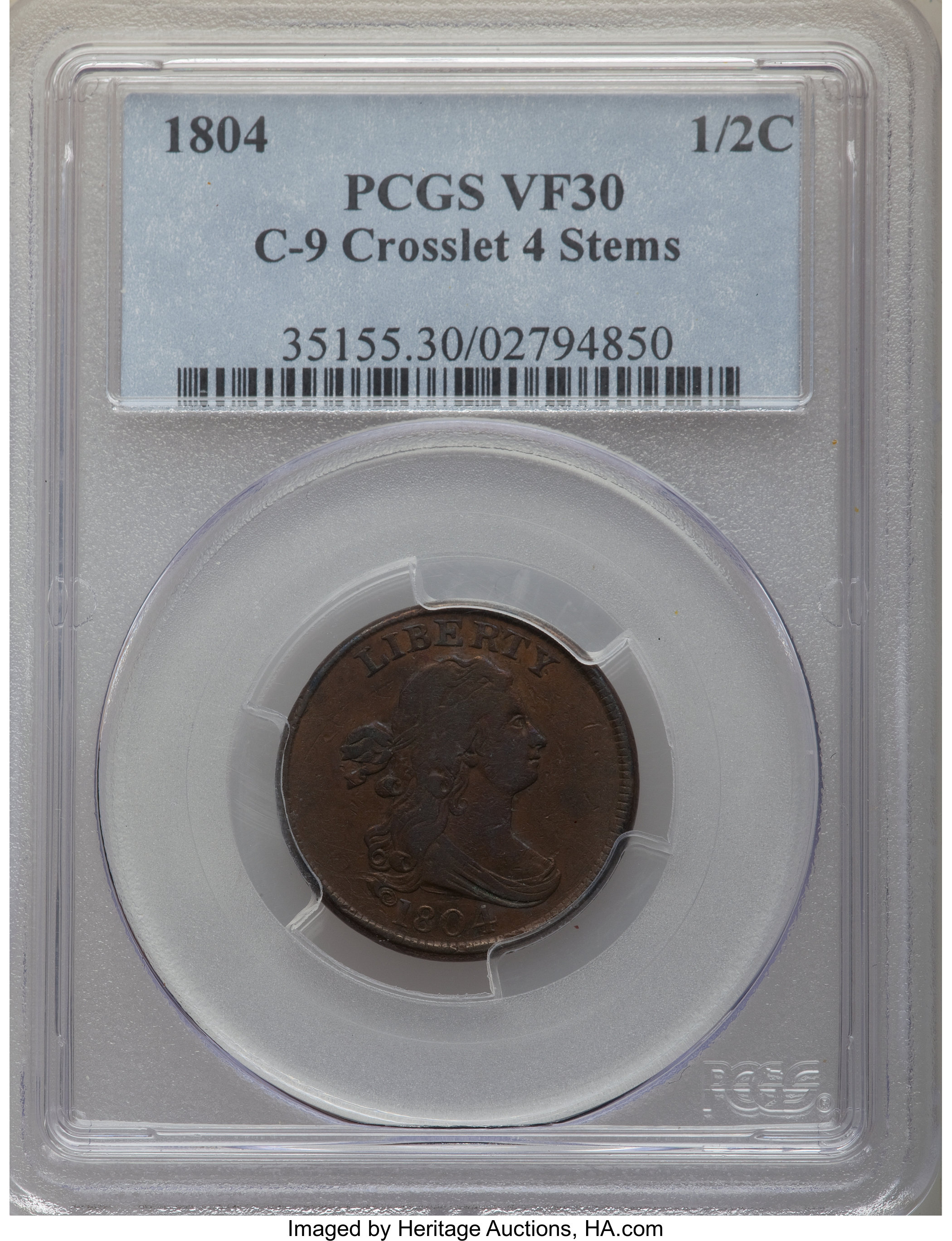 image for: 1804 1/2 C Crosslet 4, Stems, C-9, B-8, R.2, VF30 PCGS. PCGS Population: (3/12). NGC Census: (0/0). VF30. ...