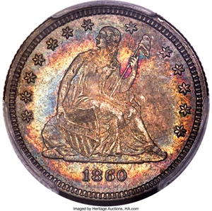 image for: 1860 25C AU58 PCGS. PCGS Population: (24/70). NGC Census: (26/51). CDN: $325 Whsle. Bid for problem-free NGC/PCGS AU58. Min...