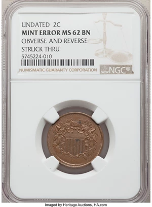 image for: No Date 2C Two Cent Piece -- Obverse and Reverse Struck Thru -- MS62 Brown NGC....