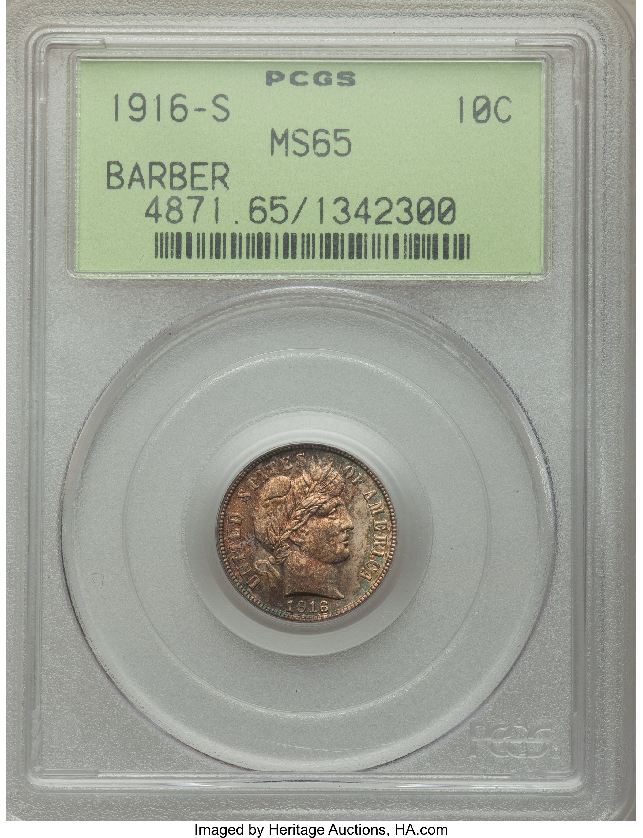 1916-S 10C MS65 PCGS. PCGS Population: (35/17). NGC Census: (36/27). MS65. Mintage 5,820,000. ...