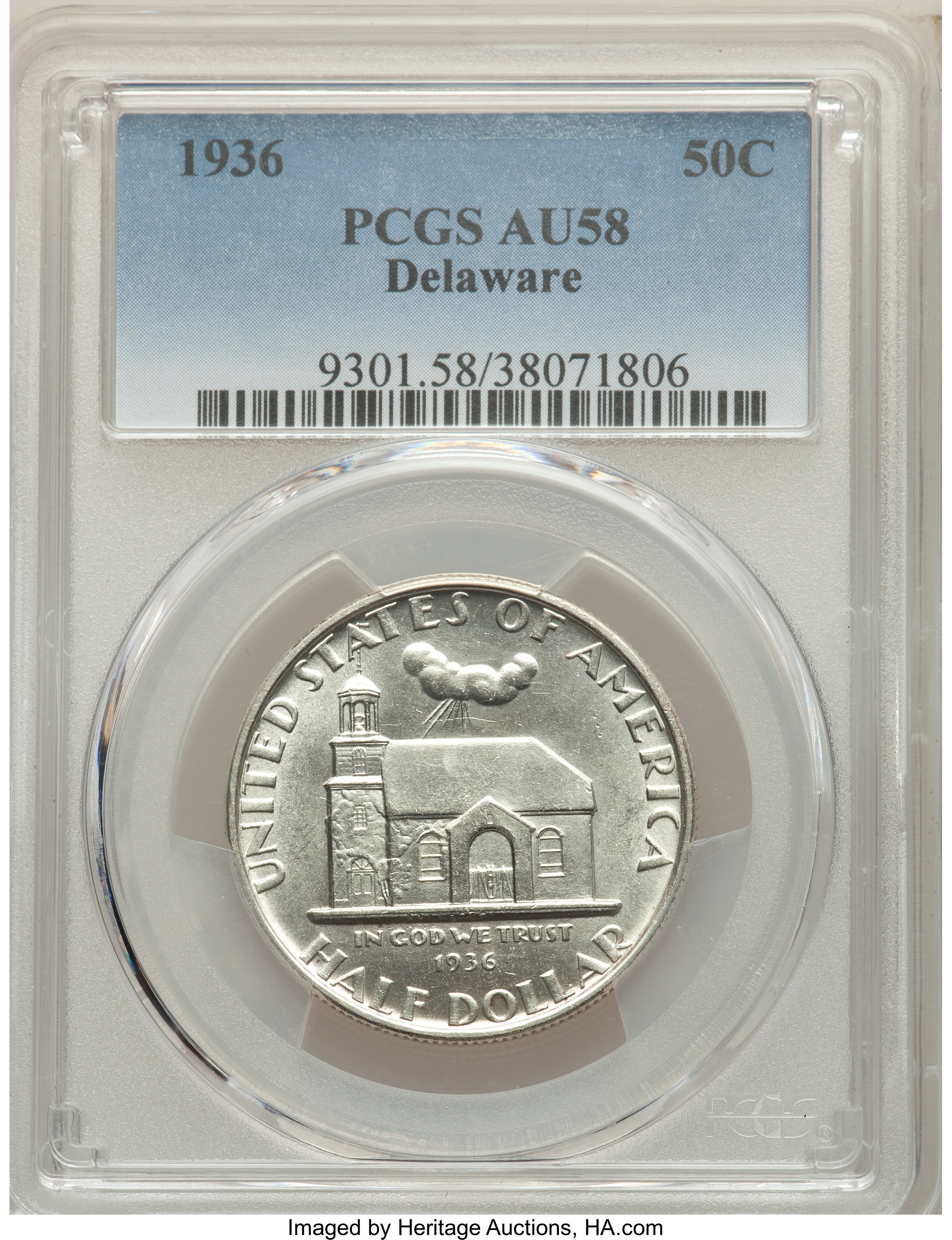 1936 50C Delaware AU58 PCGS. PCGS Population: (11/4709). NGC Census: (7/2962). AU58. Mintage 20,993. ...