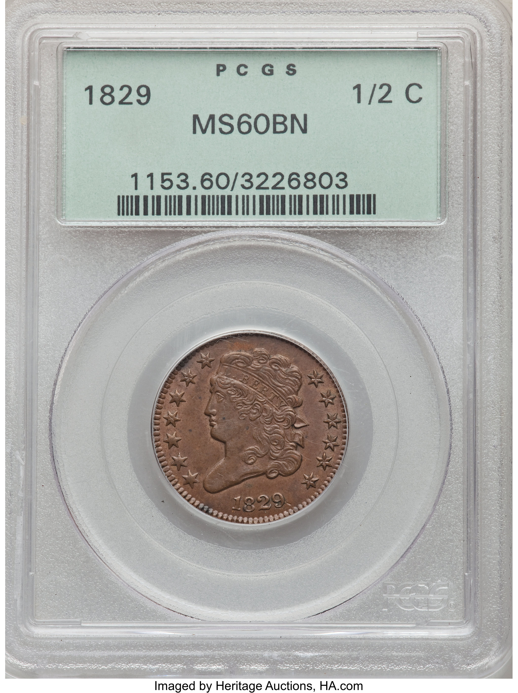 1829 1/2 C MS60 Brown PCGS. PCGS Population: (5/132). NGC Census: (0/0). CDN: $275 Whsle. Bid for NGC/PCGS MS60. Mintage 48...