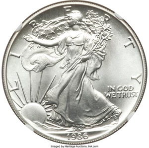 image for: 1986 $1 Silver Eagle MS70 NGC. NGC Census: (2554). PCGS Population: (209). Mintage 5,393,005. ...