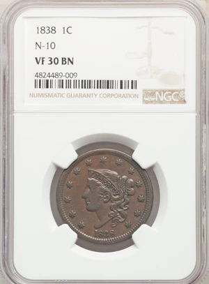 image for: 1838 1C N-10, R.1, VF30 NGC. NGC Census: (1/16). PCGS Population: (0/13). VF30. Mintage 6,370,200. ...