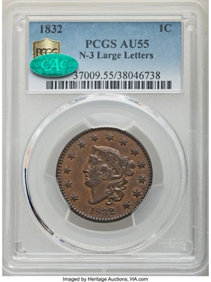 image for: 1832 1C Large Letters, N-3, R.1, AU55 PCGS. CAC. PCGS Population: (3/13 and 0/0+). NGC Census: (1/21 and 0/1+). AU55. Minta...