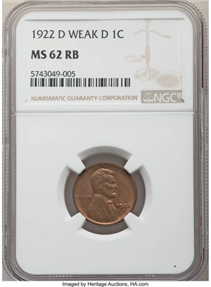 image for: 1922-D 1C Weak D MS62 Red and Brown NGC. NGC Census: (0/0). PCGS Population: (4/25). ...