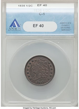 image for: 1835 1/2 C C-1, B-1, R.1, XF40 ANACS. Mintage 398,000. ...