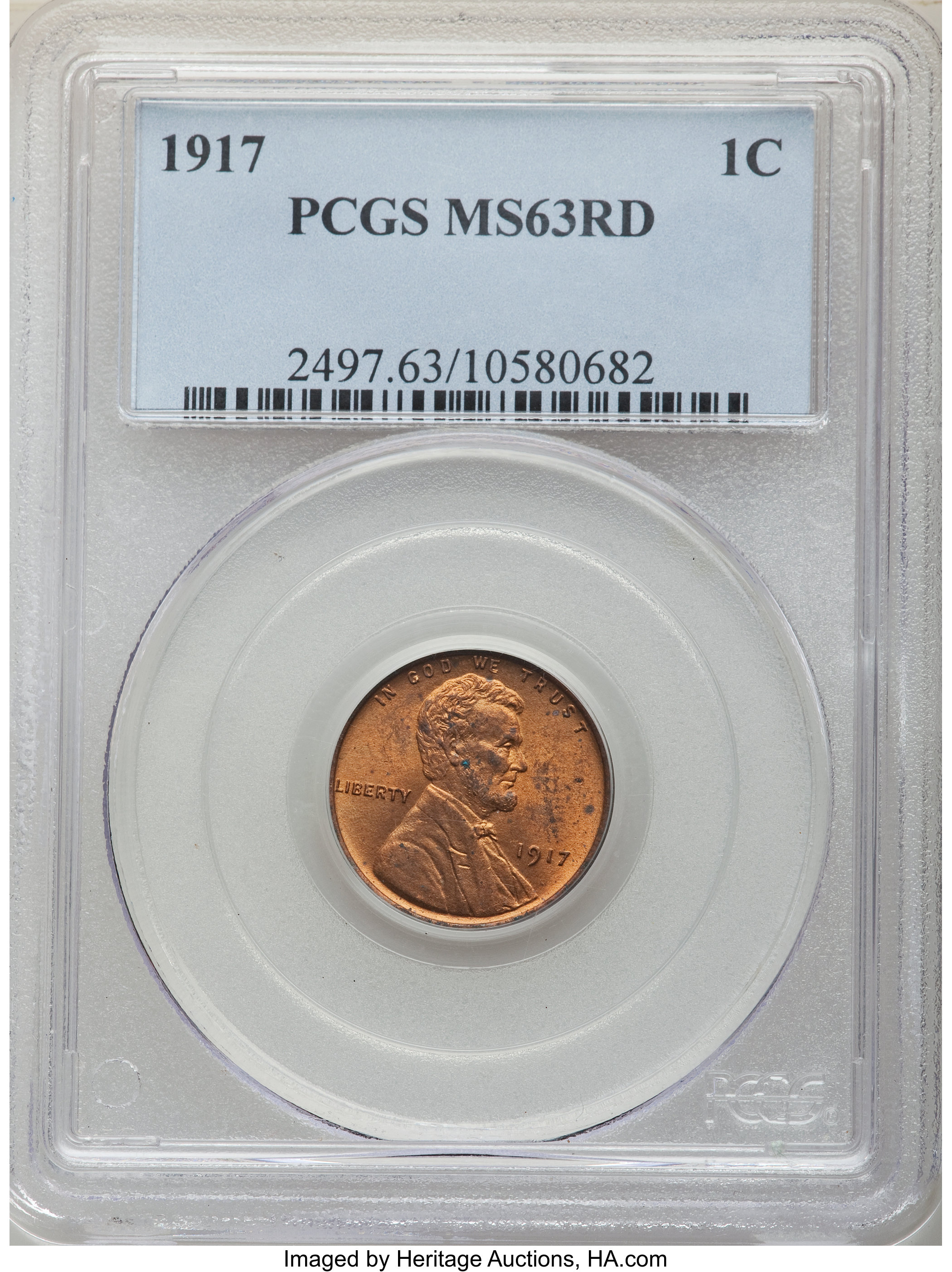 1917 1C MS63 Red PCGS. PCGS Population: (41/789). NGC Census: (10/200). CDN: $75 Whsle. Bid for NGC/PCGS MS63. Mintage 196,...