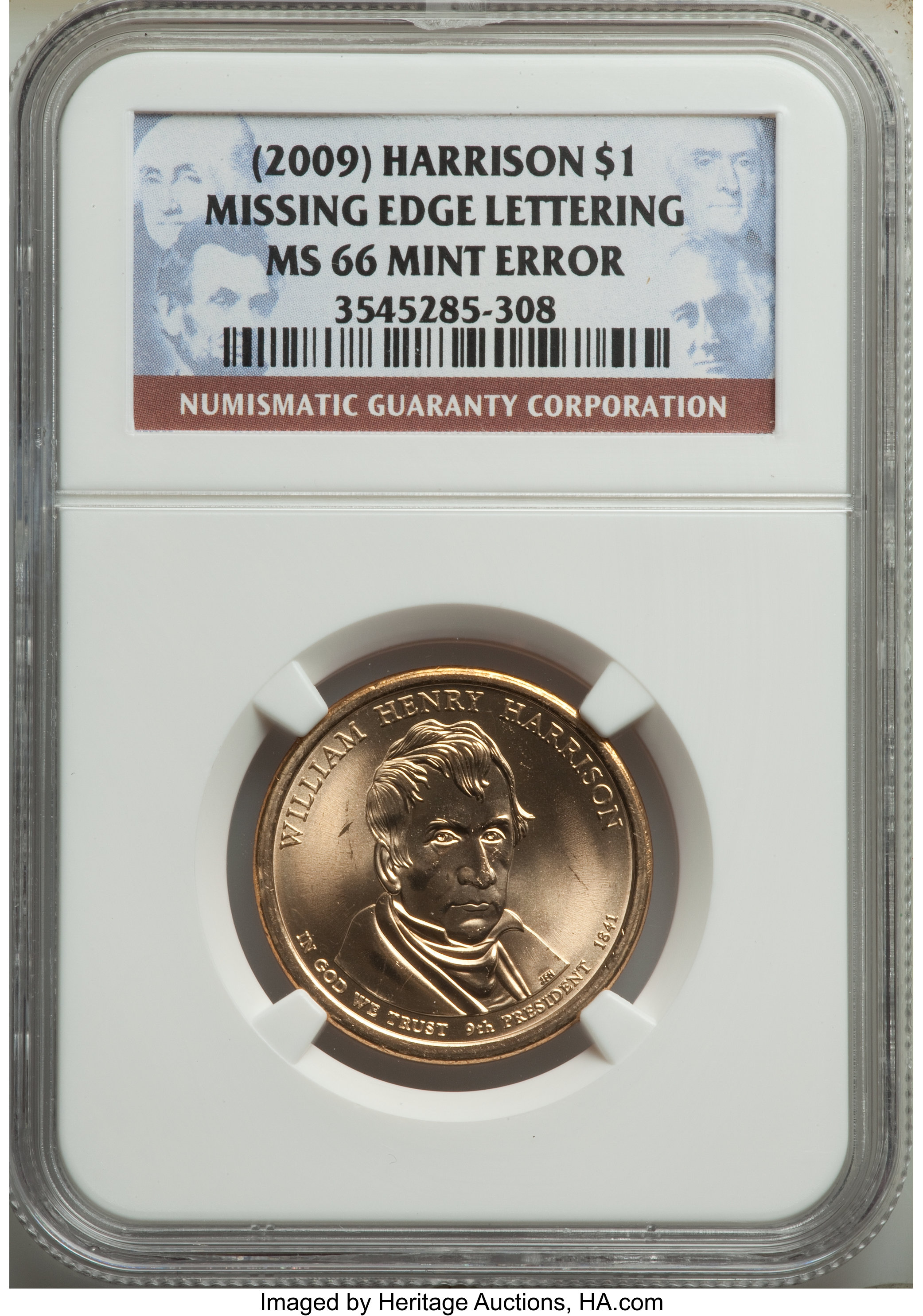 image for: (2008) $1 Harrison Missing Edge Lettering MS66 NGC. NGC Census: (0/0). PCGS Population: (16/9)....