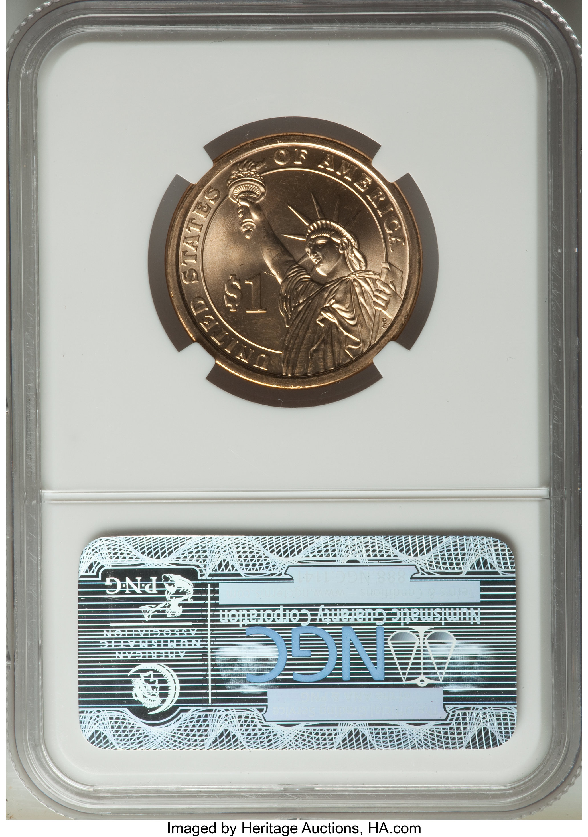 image for: (2008) $1 Harrison Missing Edge Lettering MS66 NGC. NGC Census: (0/0). PCGS Population: (16/9)....