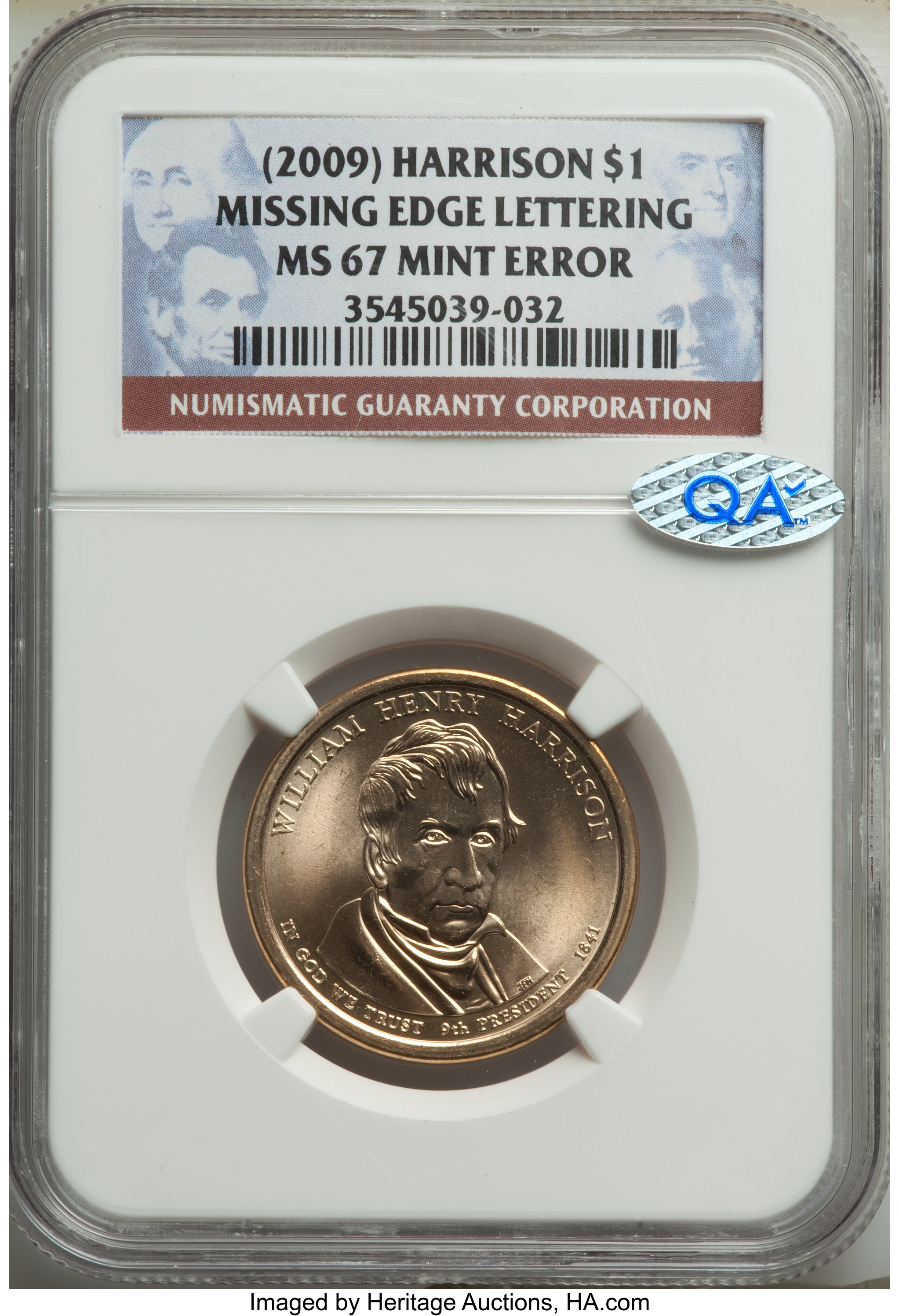 image for: (2009) $1 Harrison Missing Edge Lettering MS67 NGC. NGC Census: (0/0). PCGS Population: (9/0)....