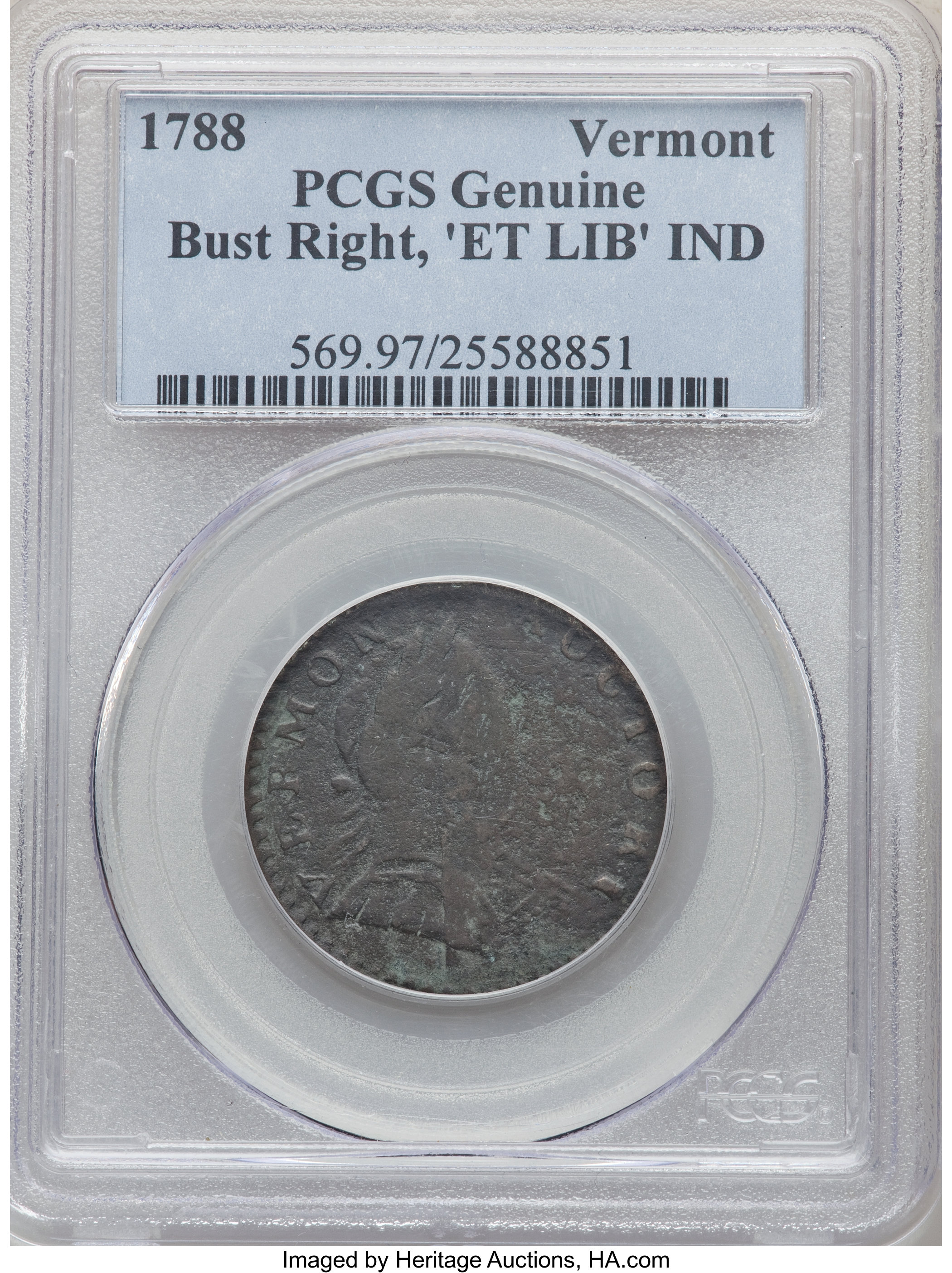 image for: 1788 Vermont Copper, ET LIB INDE, -- Environmental Damage -- PCGS Genuine....