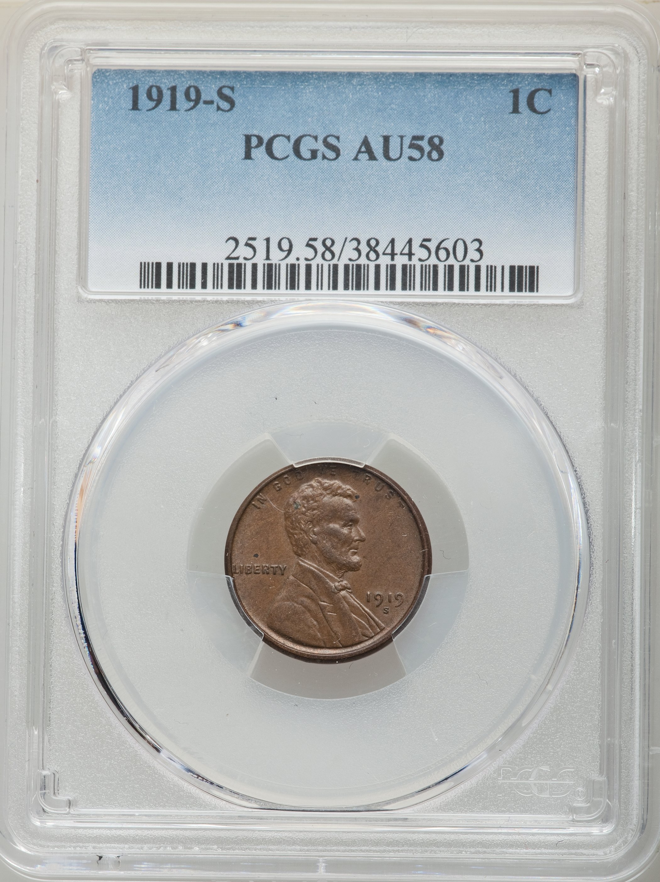 1919-S 1C AU58 PCGS. PCGS Population: (159/627). NGC Census: (49/314). CDN: $30 Whsle. Bid for NGC/PCGS AU58. Mintage 139,7...