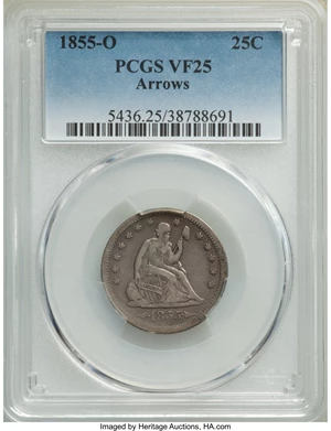 image for: 1855-O 25C Arrows VF25 PCGS. PCGS Population: (12/41). NGC Census: (2/25). CDN: $480 Whsle. Bid for NGC/PCGS VF25. Mintage ...