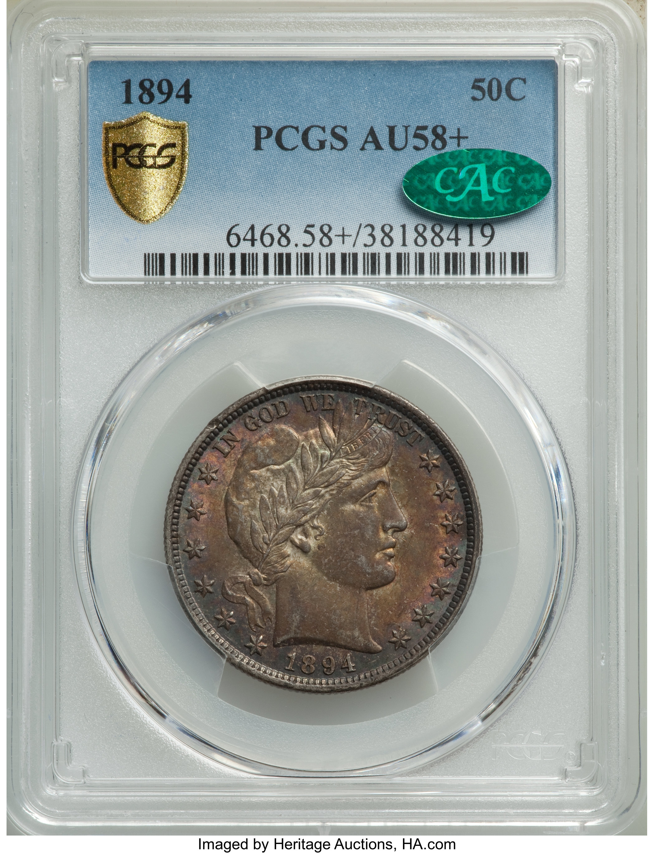 1894 50C AU58+ PCGS. CAC. PCGS Population: (30/143 and 2/7+). NGC Census: (21/120 and 0/0+). CDN: $400 Whsle. Bid for NGC/P...